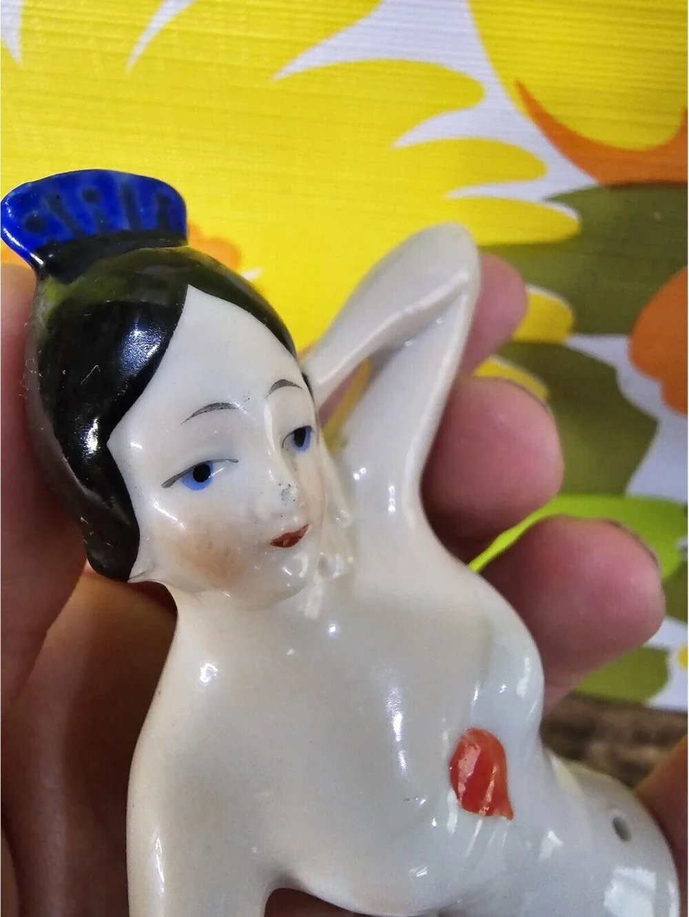 4” Antique German Porcelain Half 1/2 Doll Black Hair